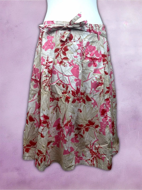 y2k pink and white floral print skirt with belt