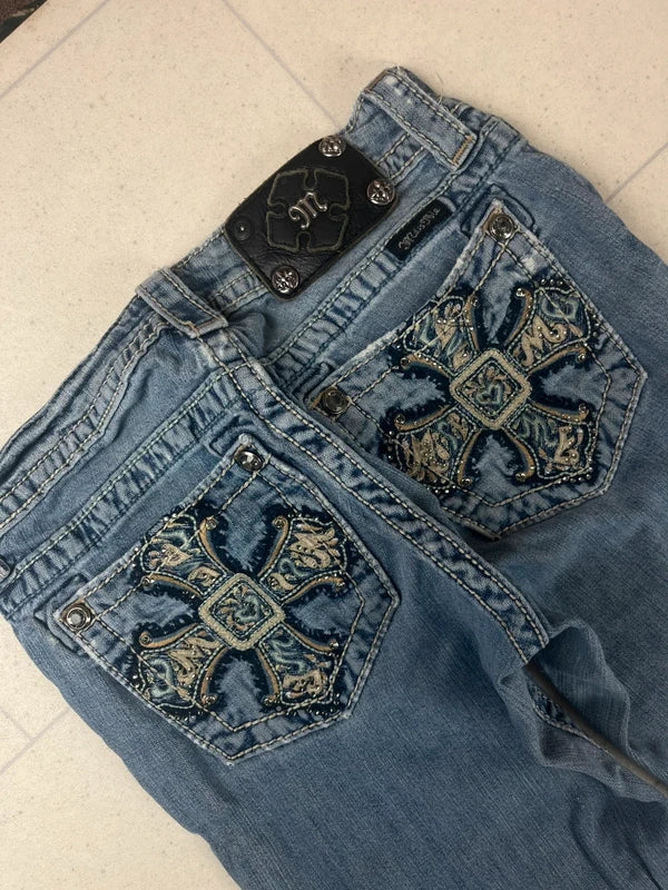 Y2k Low waist Miss me flared jeans with cross embellishments