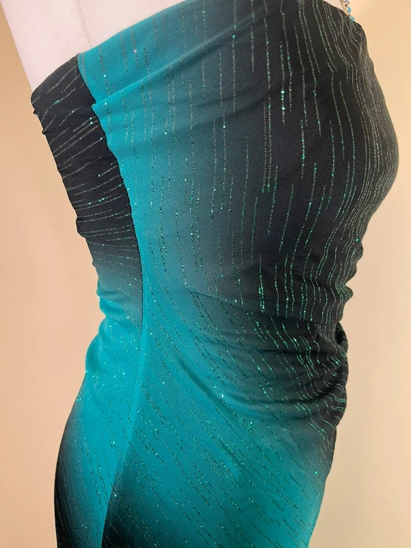 Y2K Vintage Strapless Ombre Maxi Dress with ruffled side and glitter accents