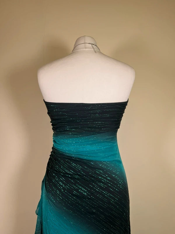 Y2K Vintage Strapless Ombre Maxi Dress with ruffled side and glitter accents