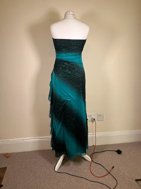 Y2K Vintage Strapless Ombre Maxi Dress with ruffled side and glitter accents