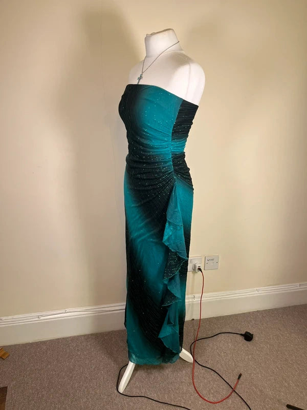 Y2K Vintage Strapless Ombre Maxi Dress with ruffled side and glitter accents