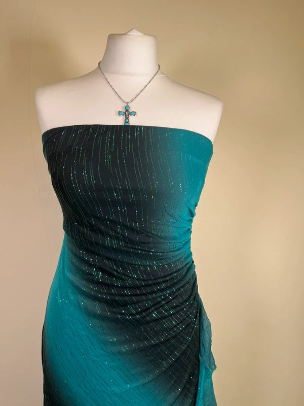 Y2K Vintage Strapless Ombre Maxi Dress with ruffled side and glitter accents