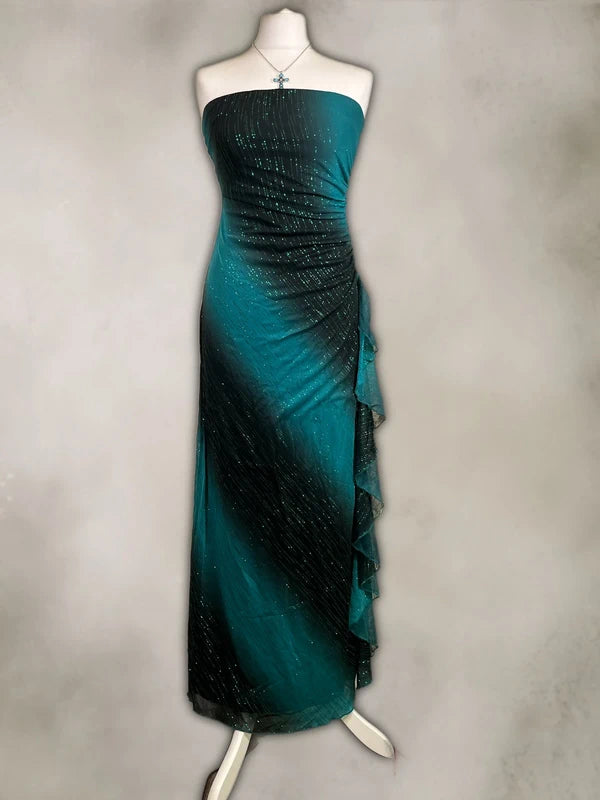 Y2K Vintage Strapless Ombre Maxi Dress with ruffled side and glitter accents