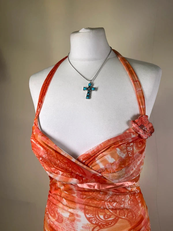 Y2K Vintage Halterneck Paisley Maxi Dress with floral accents