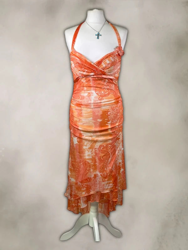 Y2K Vintage Halterneck Paisley Maxi Dress with floral accents