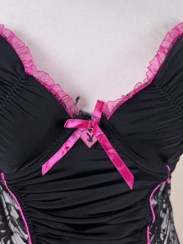 Y2K Playboy lace babydoll corset top with bow detailing