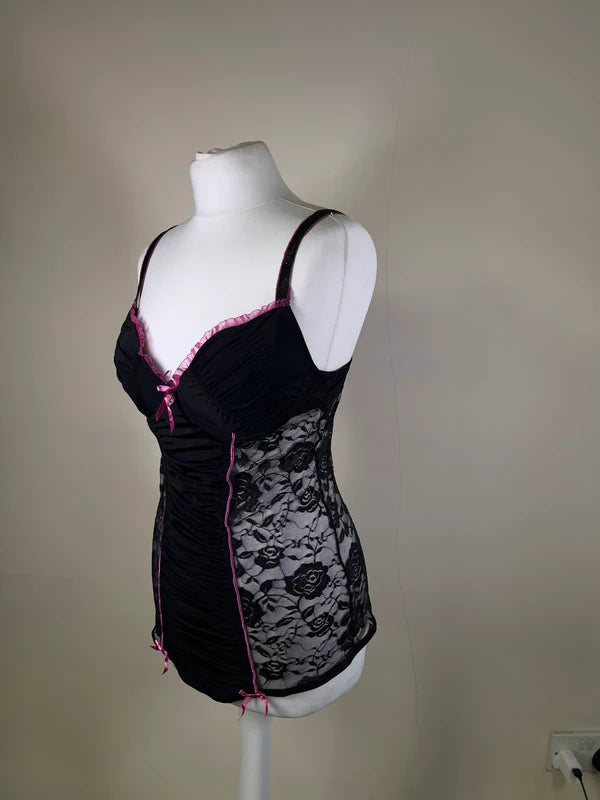 Y2K Playboy lace babydoll corset top with bow detailing
