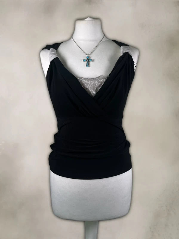 Vintage Y2k V Neck Top with lace detailing