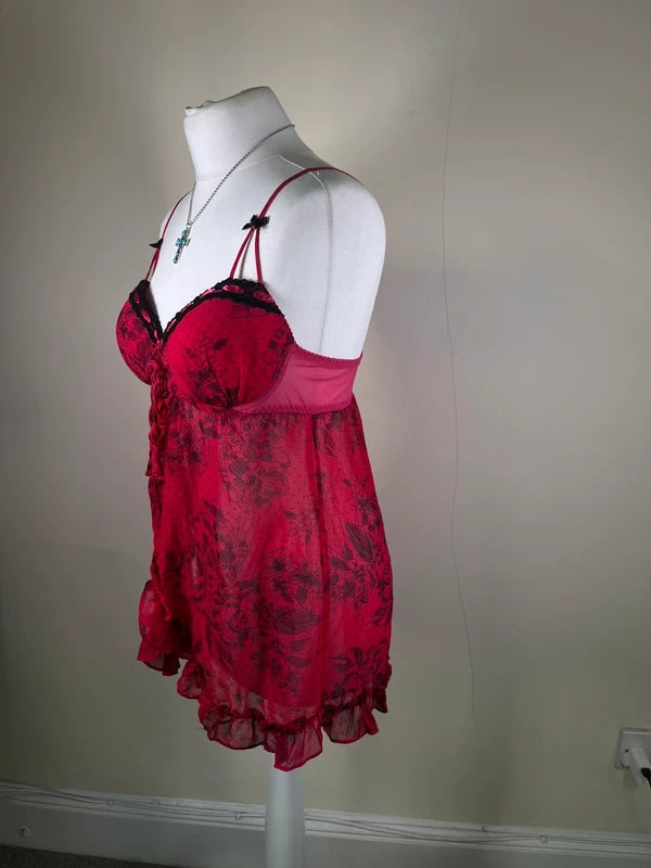 Y2K Floral lace mesh ruffled top with bow detailing