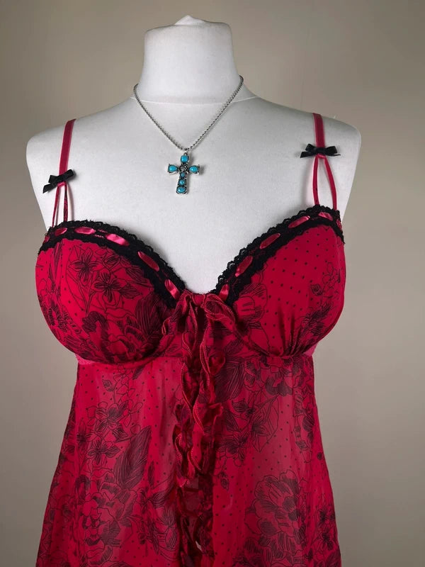 Y2K Floral lace mesh ruffled top with bow detailing