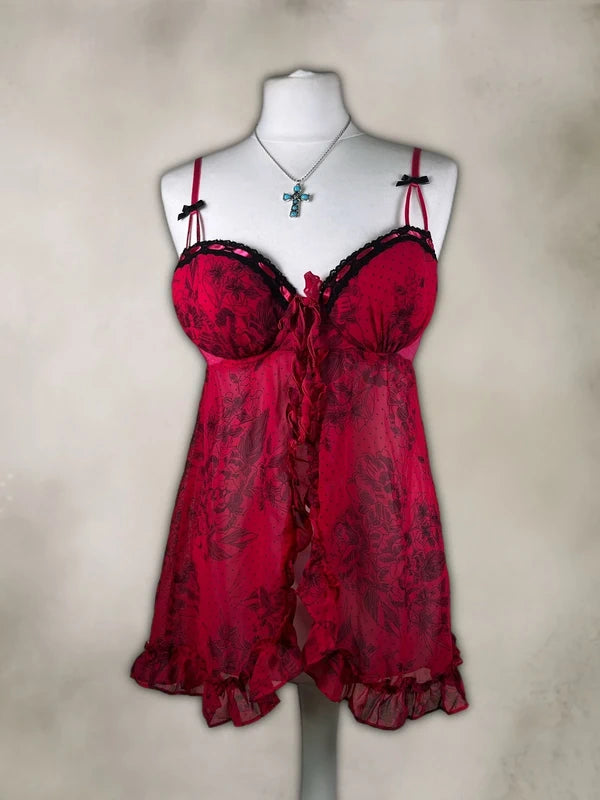 Y2K Floral lace mesh ruffled top with bow detailing