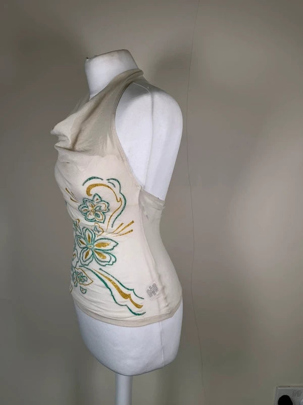 Y2K Vintage Mesh scoop neck top with floral embroidery