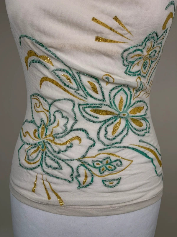 Y2K Vintage Mesh scoop neck top with floral embroidery