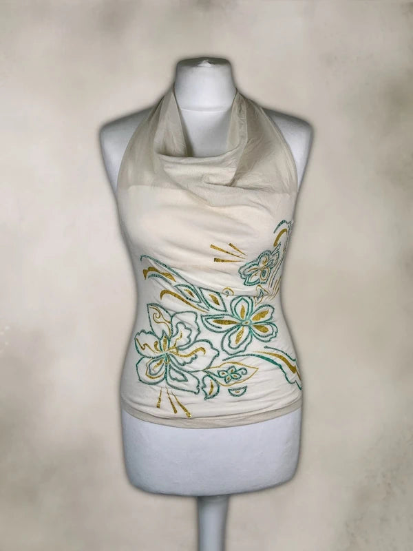 Y2K Vintage Mesh scoop neck top with floral embroidery