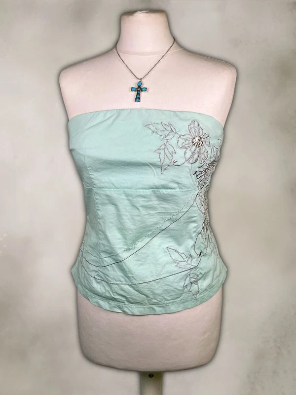 Y2K Vintage Strapless Corset top with floral embroidery