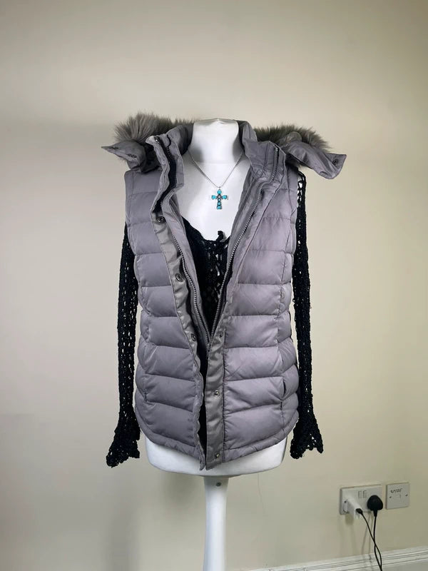 Y2K Puffer Gilet Jacket with fur hood