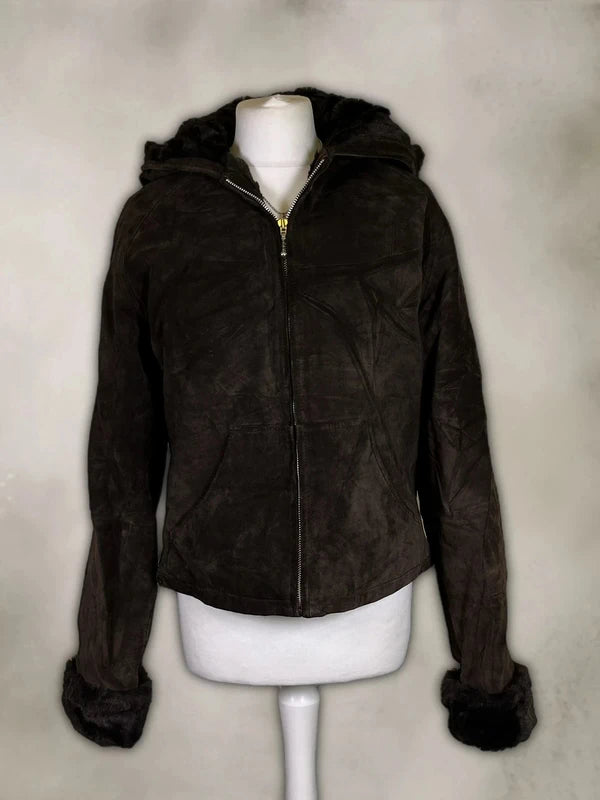 Vintage Suede Hooded Leather jacket with Faux fur trim