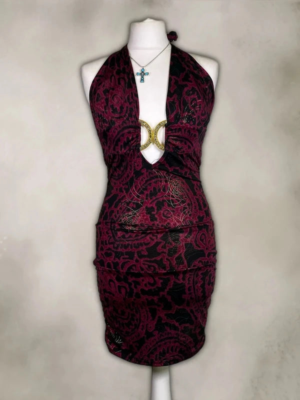 Y2K Vintage halter neck Dress with Gold ring accent