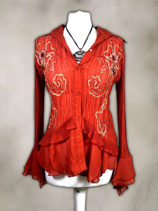 Vintage Y2k Mesh Ruffled Shirt with floral embroidery