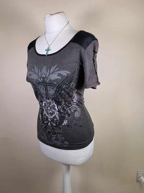 Vintage Y2K rhinestone Cross tee
