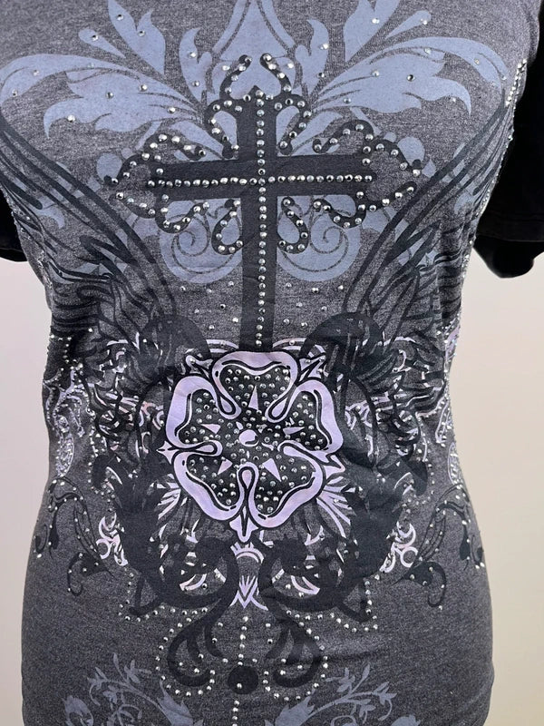 Vintage Y2K rhinestone Cross tee