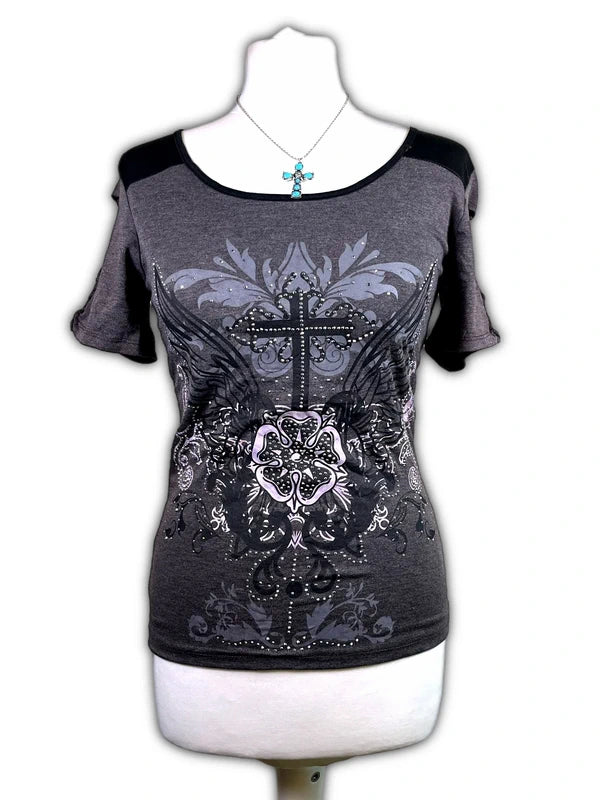 Vintage Y2K rhinestone Cross tee