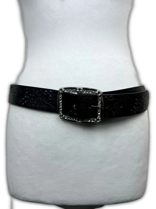 Y2K Black leather Belt with rhinestone buckle