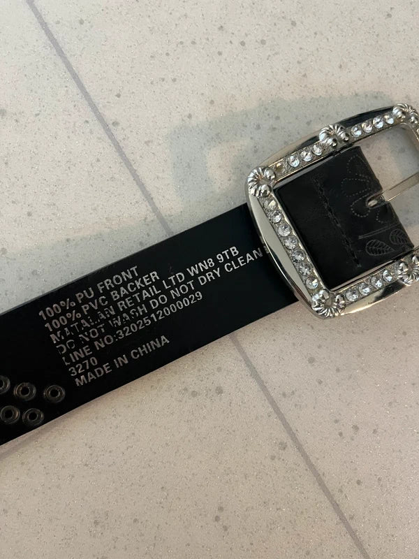 Y2K Black leather Belt with rhinestone buckle