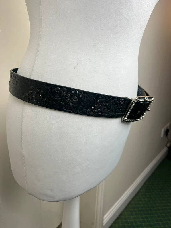 Y2K Black leather Belt with rhinestone buckle