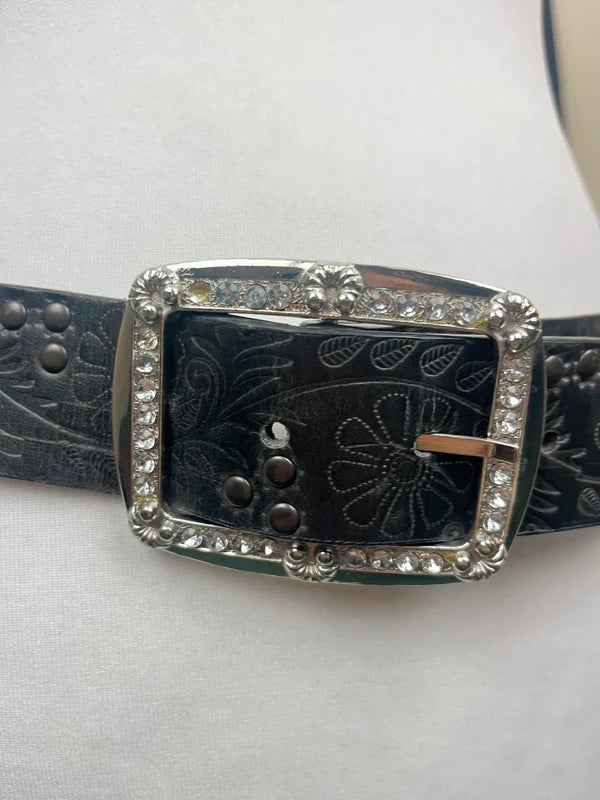 Y2K Black leather Belt with rhinestone buckle