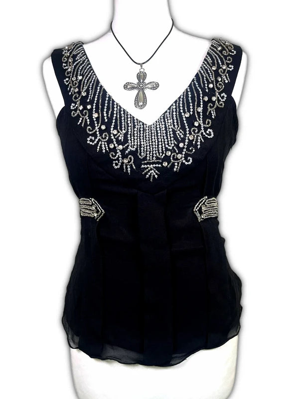 Y2k Black Lace beaded cami top