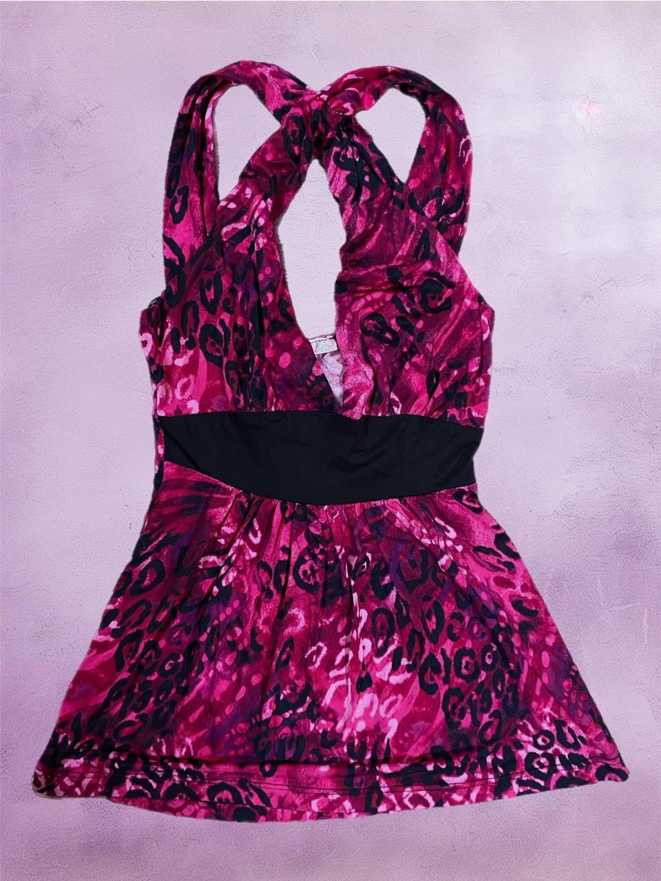 Y2k Pink leopard print halter neck top