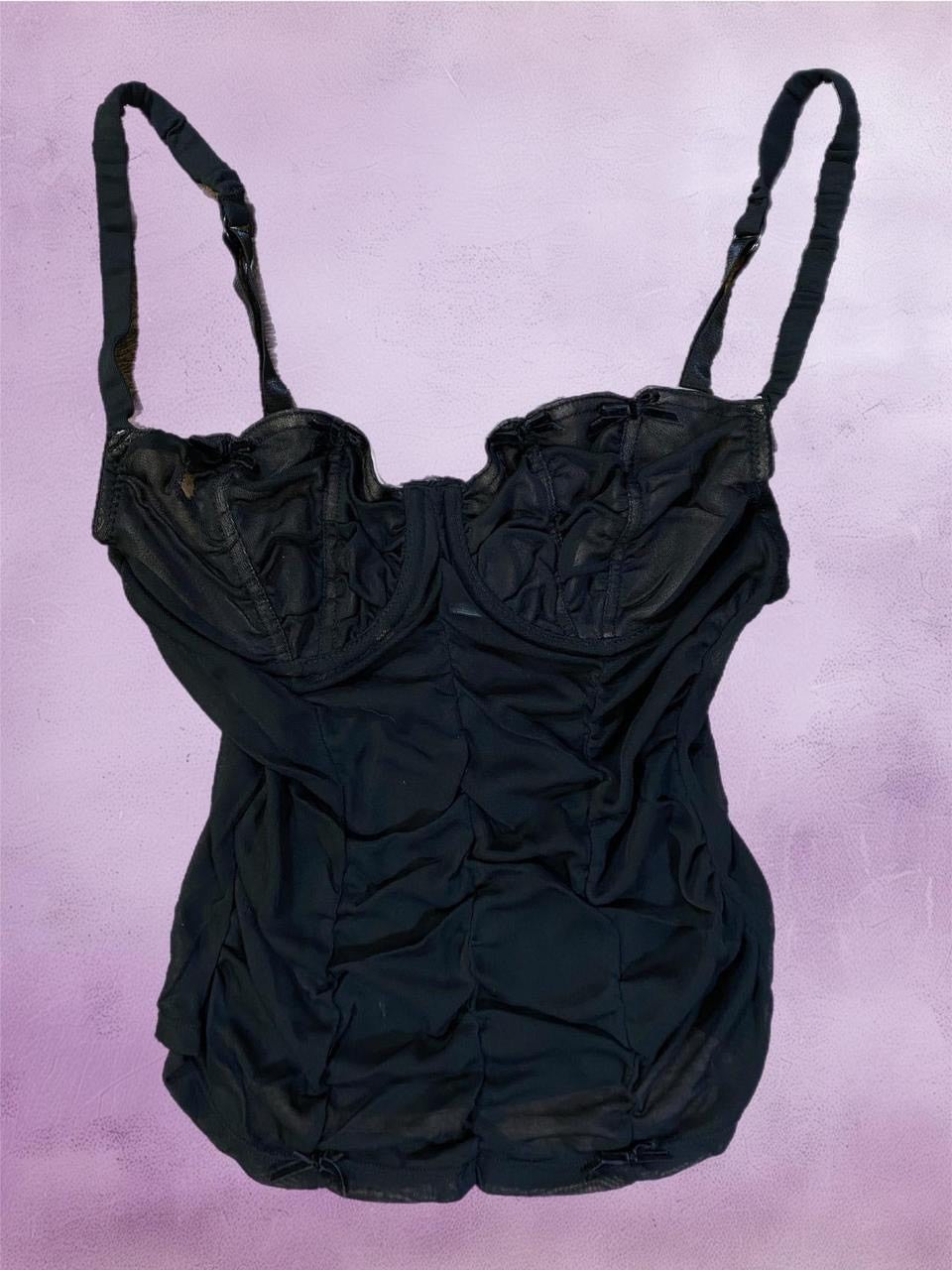 Y2k black lace corset top with bow detailing