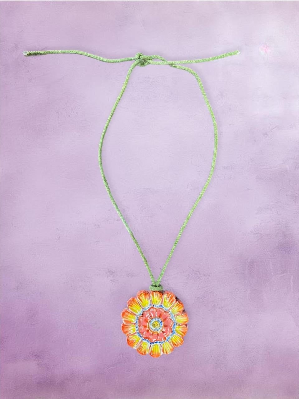 Vintage Boho Necklce with Clay flower pendant