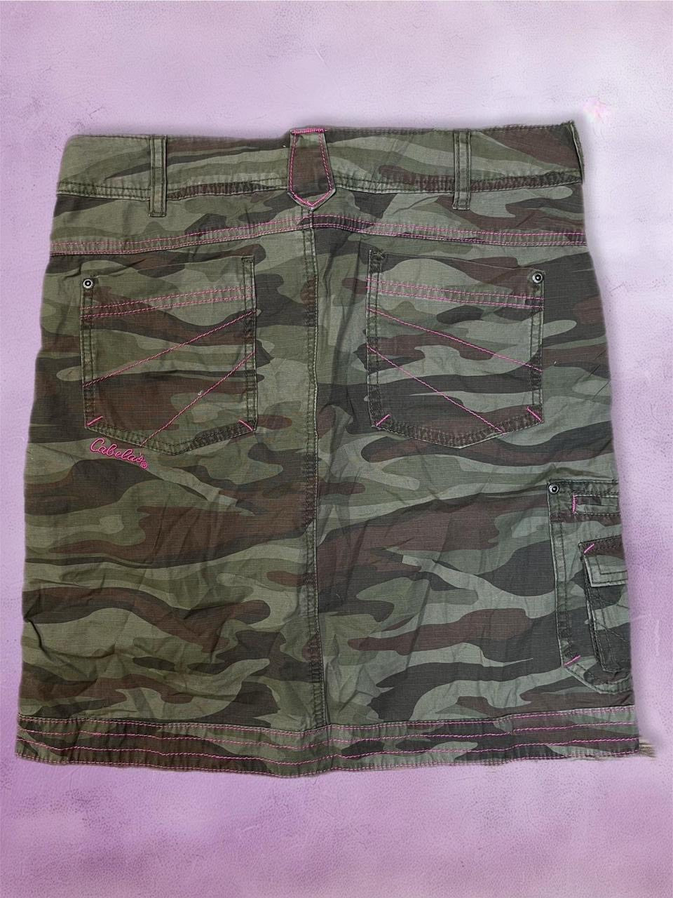 y2k camo midi denim skirt with pink detailing