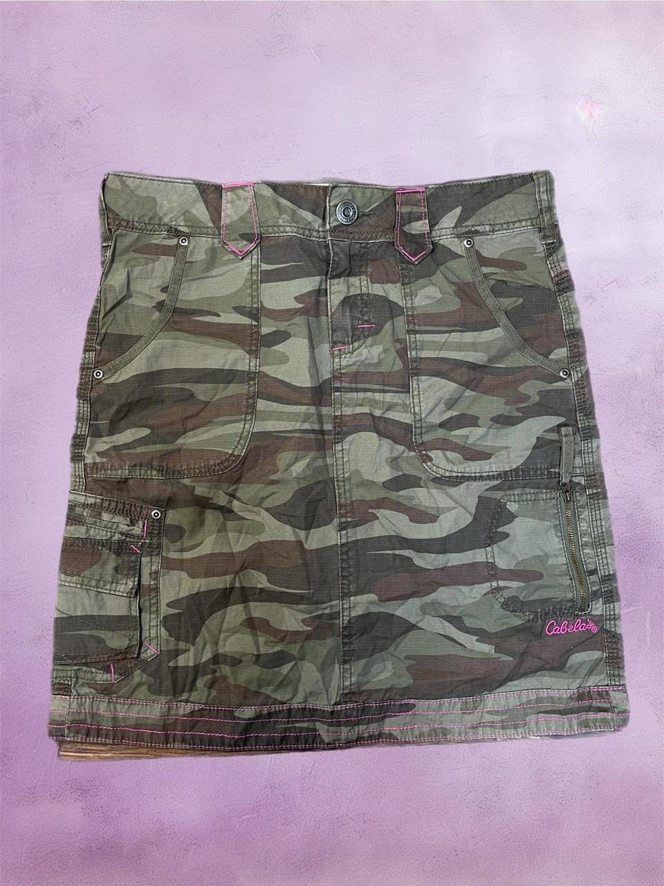 y2k camo midi denim skirt with pink detailing