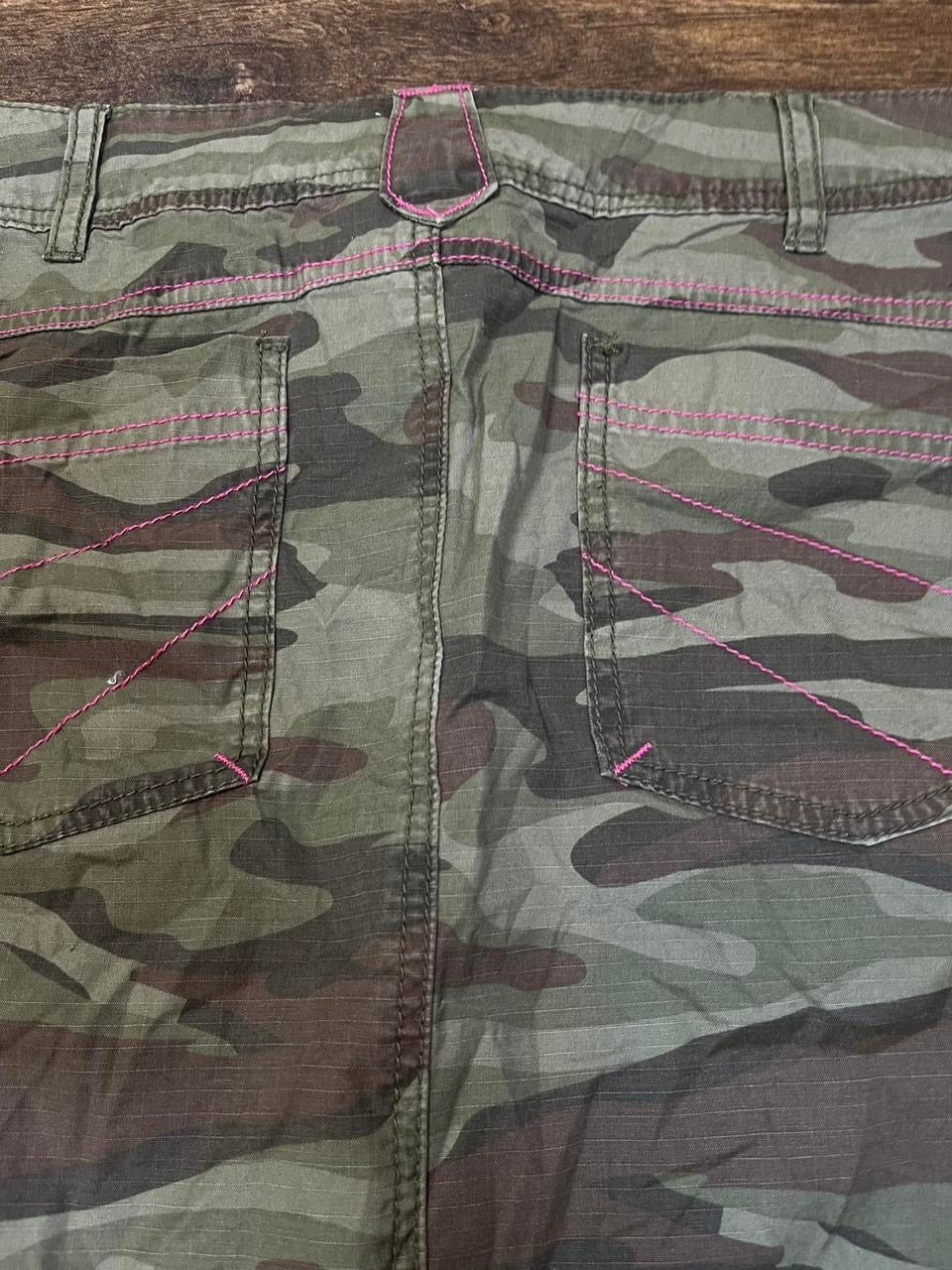 y2k camo midi denim skirt with pink detailing