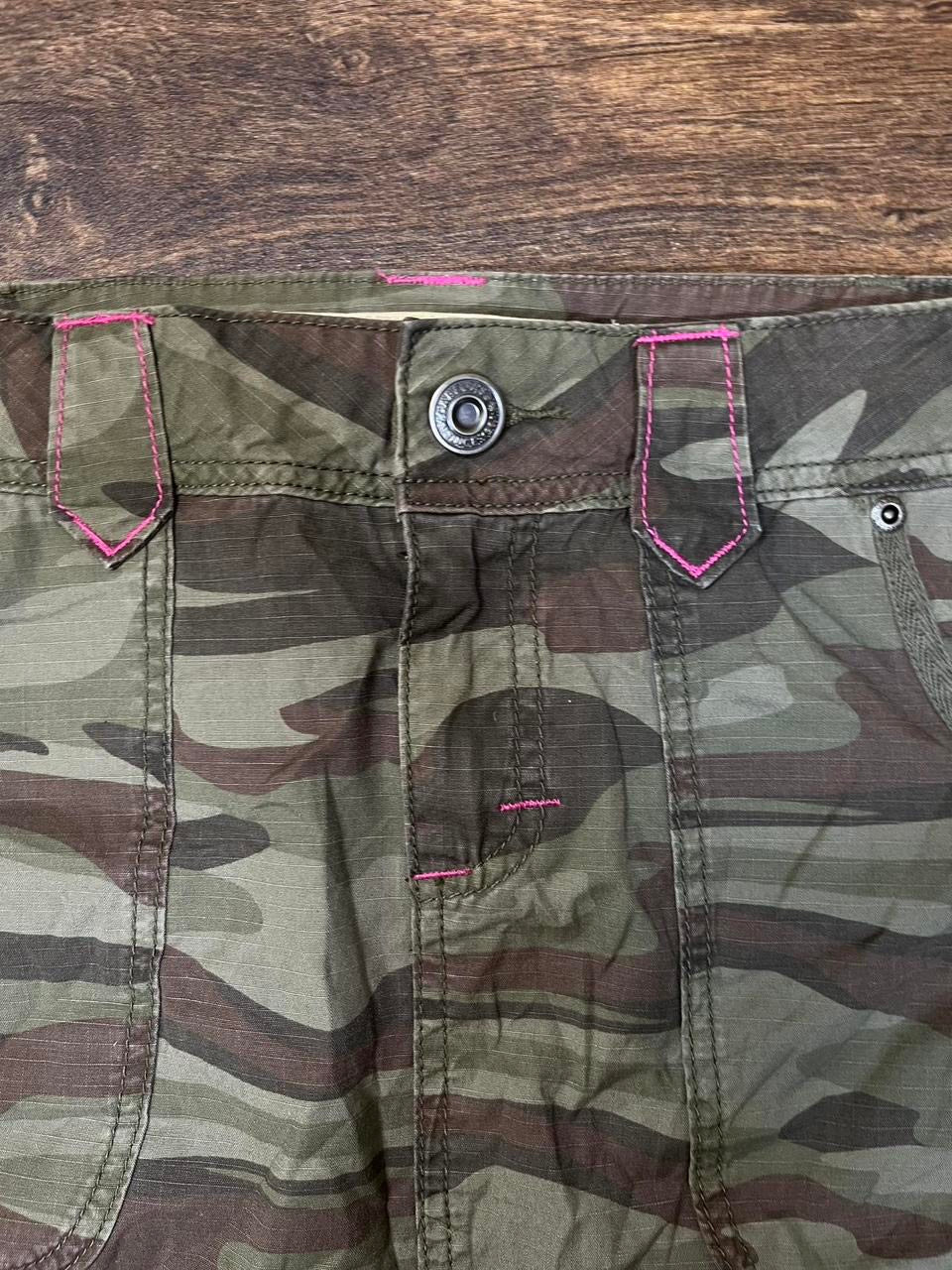 y2k camo midi denim skirt with pink detailing