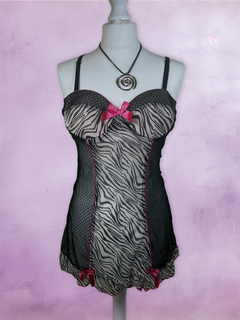 Zebra print mesh lingerie slip dress with ruffles and bow detailing