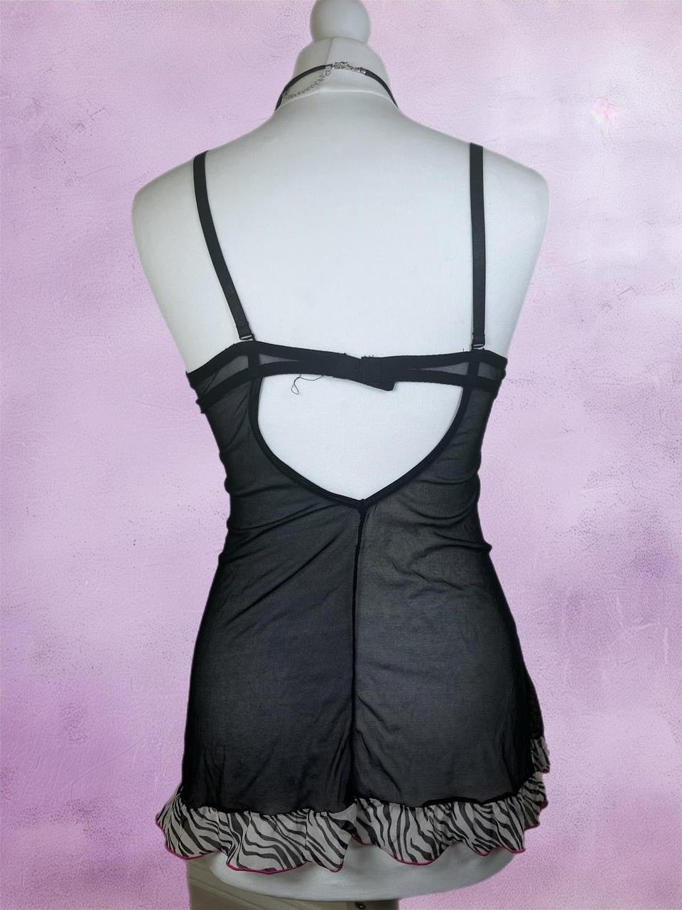 Zebra print mesh lingerie slip dress with ruffles and bow detailing