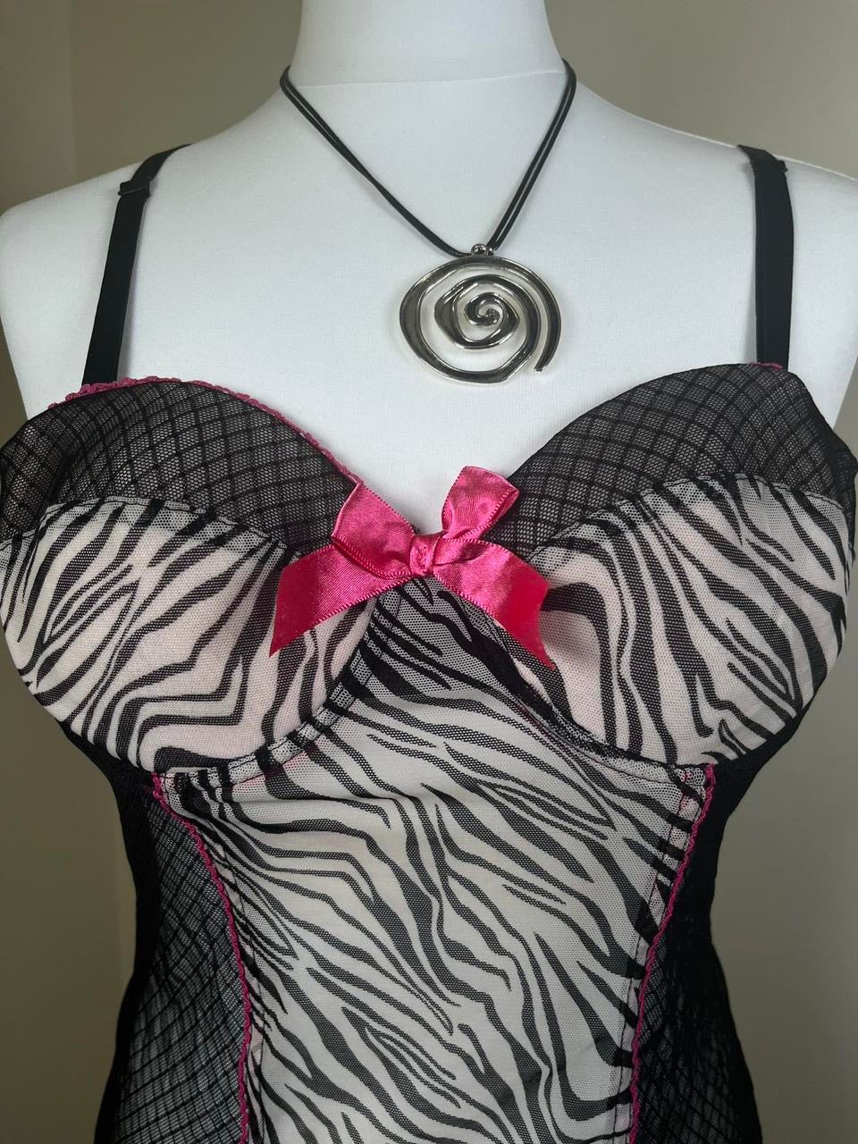 Zebra print mesh lingerie slip dress with ruffles and bow detailing