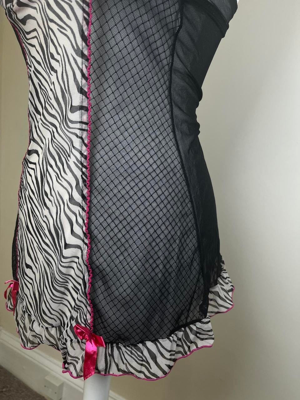 Zebra print mesh lingerie slip dress with ruffles and bow detailing