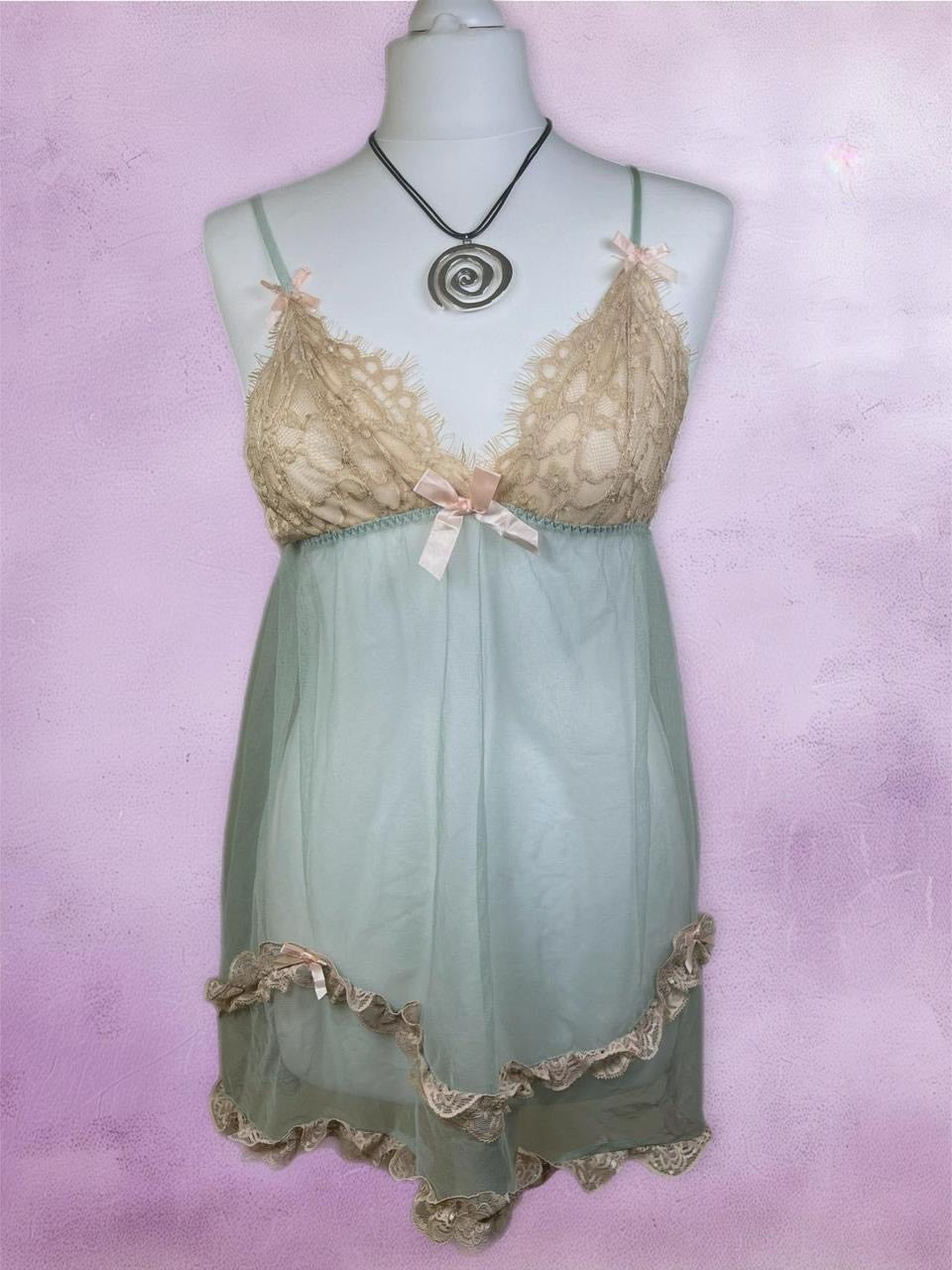 Lace mesh lingerie slip dress with bow detailing