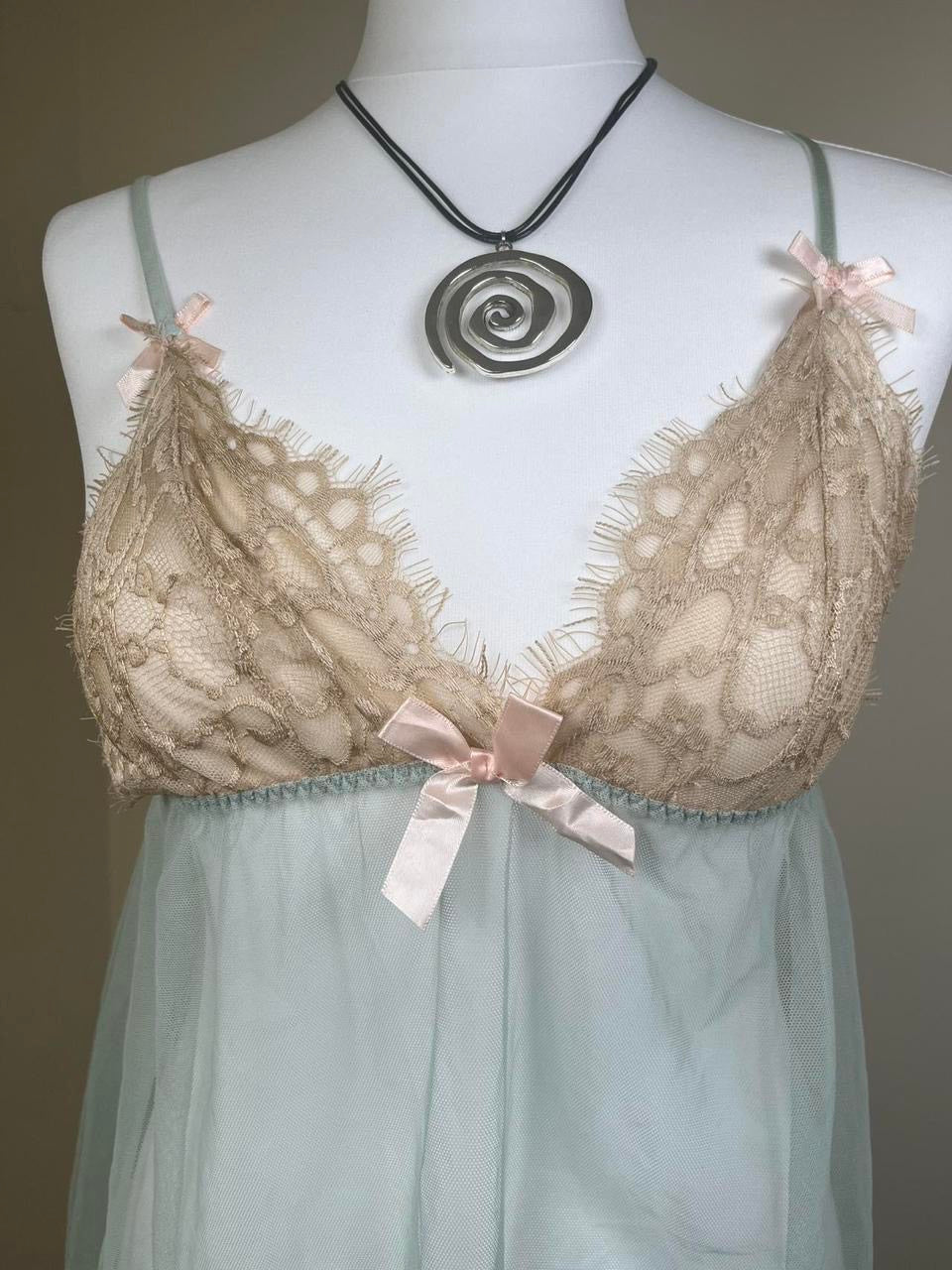 Lace mesh lingerie slip dress with bow detailing
