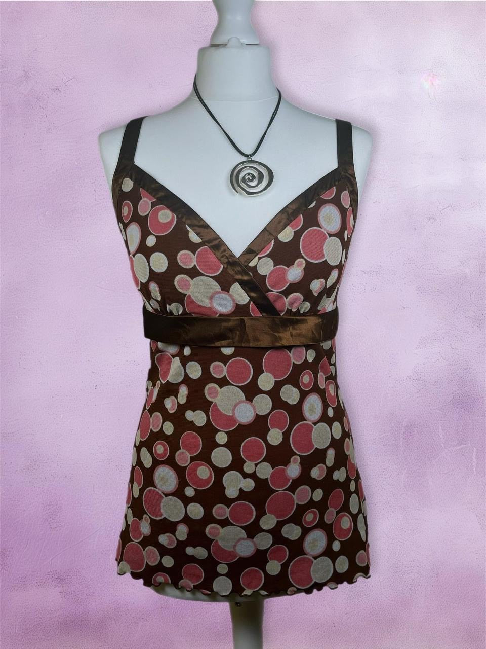 Polka dot cami top with ruffled trim