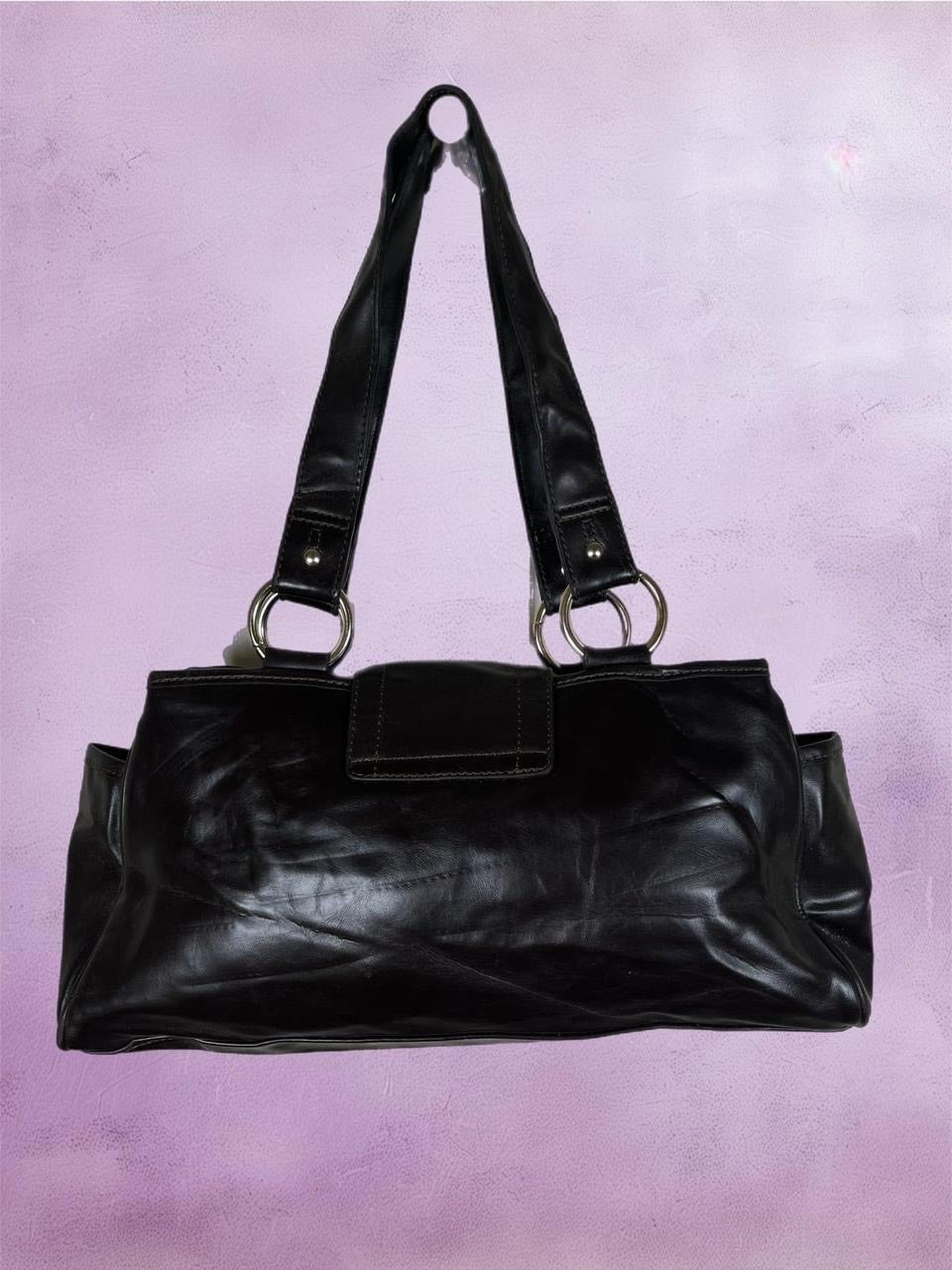 Vintage Black leather Shoulder bag with sliver hardware