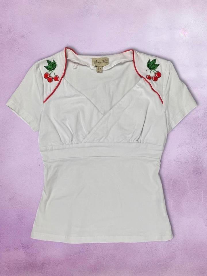 y2k Cherry embroidered V-neck top