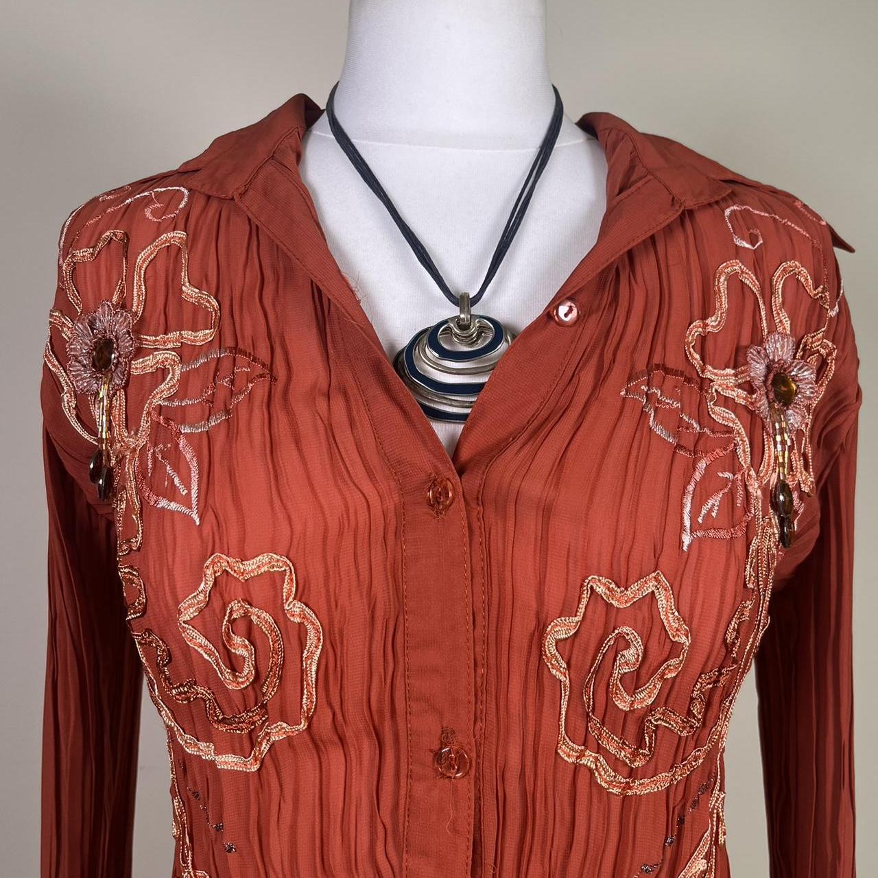 Vintage Y2k Mesh Ruffled Shirt with floral embroidery