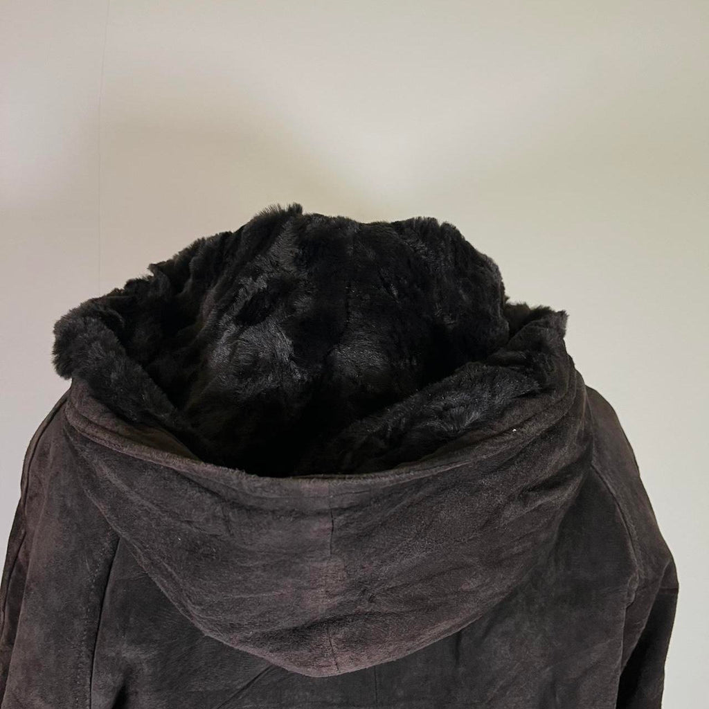 Vintage Suede Hooded Leather jacket with Faux fur trim